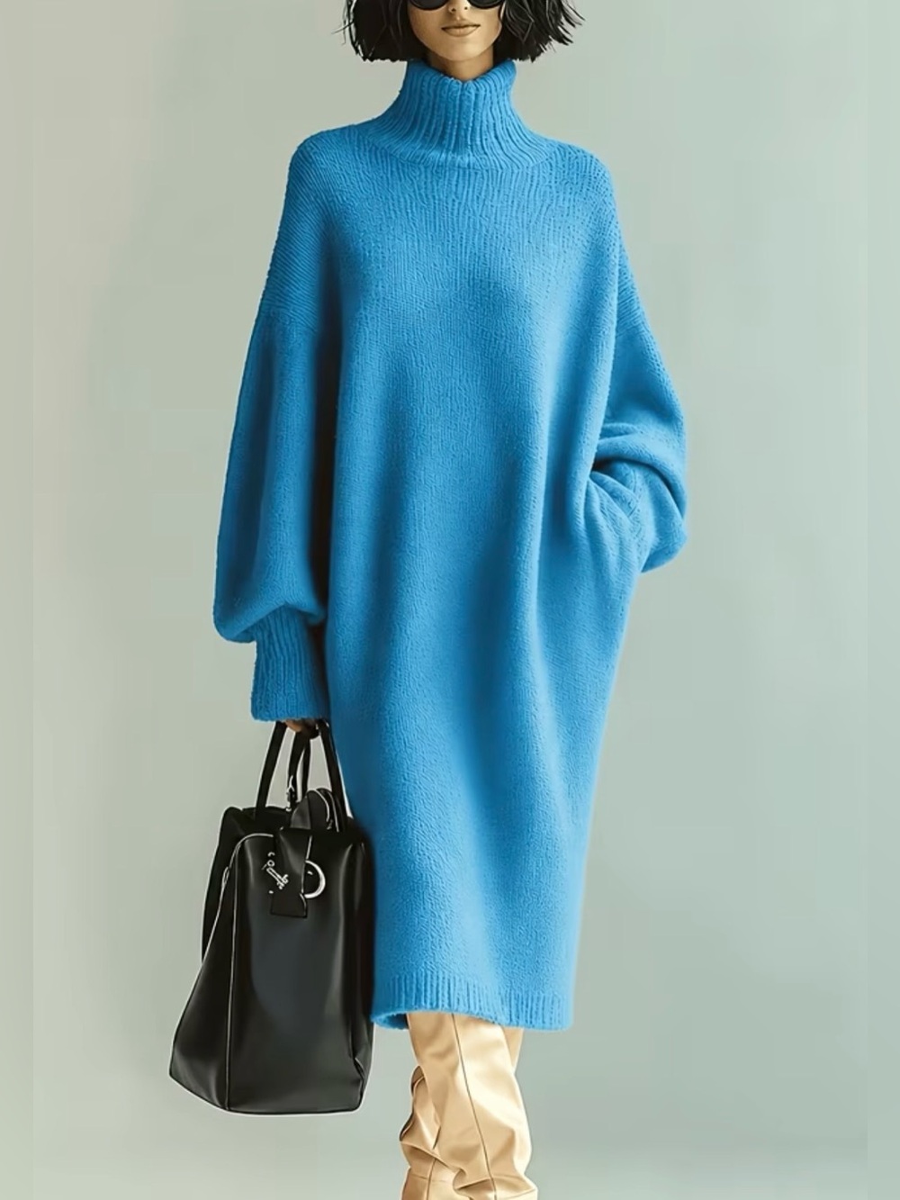 Blue Turtleneck Oversized Sweater Dress